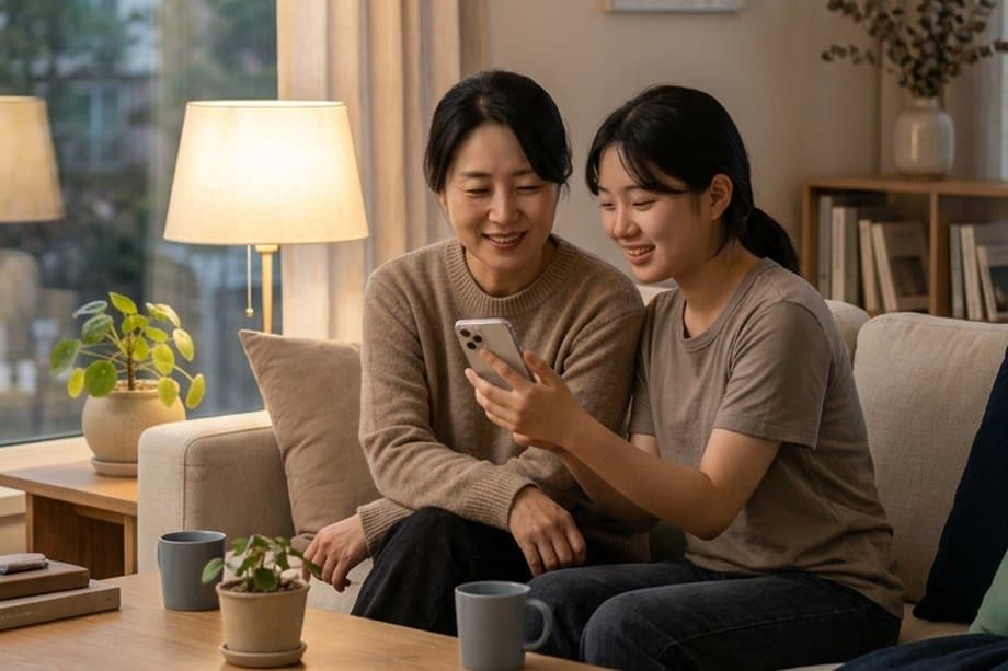 거실에서 부모와 자녀가 함께 폰 화면을 보며 웃는 모습
